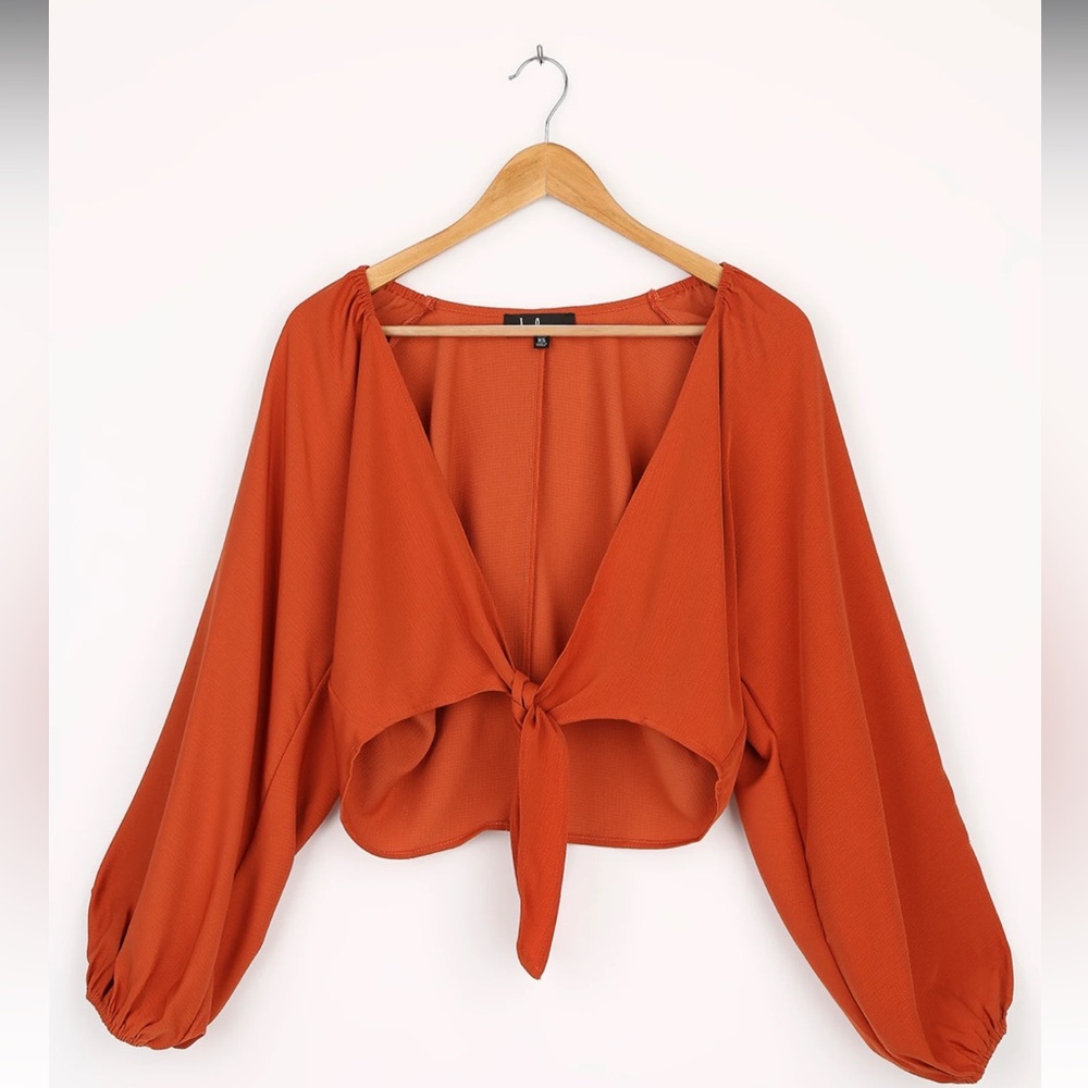 Lulus Tie to Remember Orange Tie-Front Long Sleeve Top